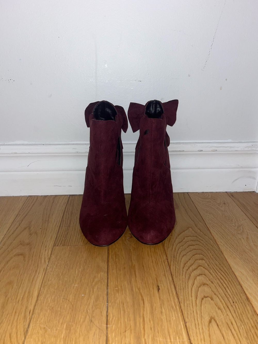 Call It Spring Wine Suede Ankle Boots with Back Bow
